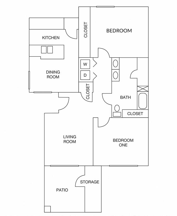 Floor plan for 2 beds, 1 bath, 970 sqft